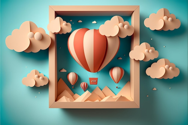 Coffret cadeau avec ballon coeur flottant dans le ciel, bannières Happy Valentine's Day, papier style art wal