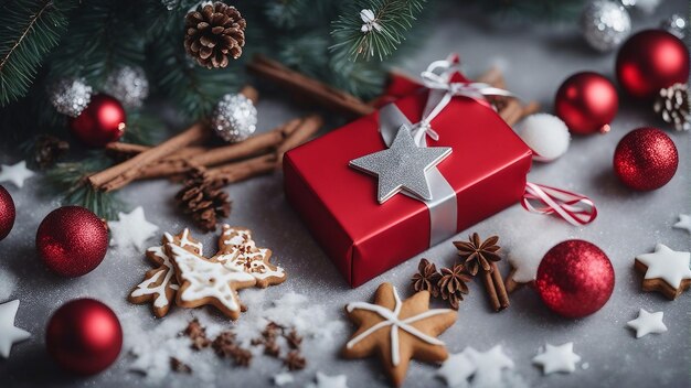 Coffret cadeau Bonne année ou Joyeux Noël concept Vacances d'hiver Fond généré par l'IA