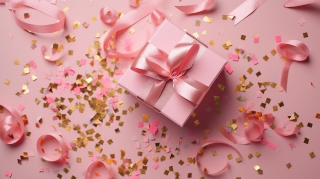 Coffret cadeau ou cadeau et confettis étoiles sur table rose