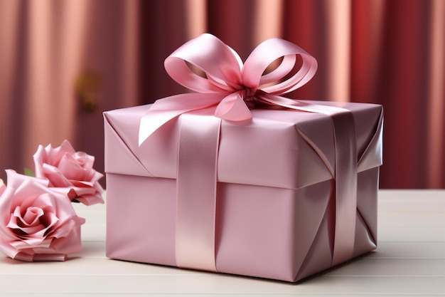 Coffret cadeau ou cadeau élégamment présenté sur une table rose