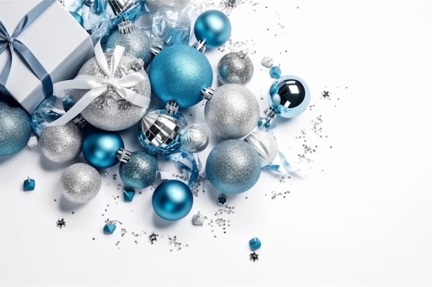 Un coffret cadeau avec une décoration de sapin de Noël bleu et argent dessus.