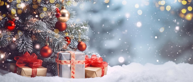 Coffret cadeau et décorations de Noël sur fond d'arbre de Noël avec décoration de neige et guirlandes lumineuses copie espace Generative AI