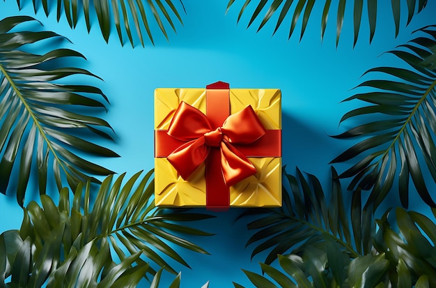 coffret cadeau et feuilles tropicales sur fond bleu Ai générative