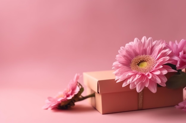 Coffret cadeau avec des fleurs de gerbera roses sur fond rose Generative AI