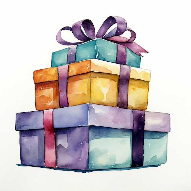 Coffret cadeau sur fond blanc Une pile de divers cadeaux pour les vacances de Noël Peinture aquarelle