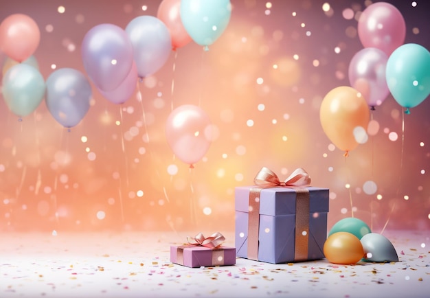 Coffret cadeau fond pastel avec lumières de fête et ballons