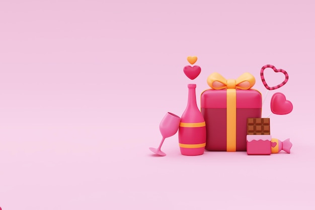 Le coffret cadeau Happy Valentine's Day présente une bouteille de champagne au chocolat et un décor d'éléments pour le rendu 3d de la Saint-Valentin