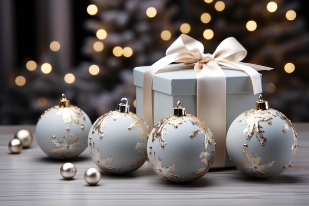 Coffret cadeau de luxe composé de boules de Noël brillantes bleu clair dans une boîte avec un arc sur fond d'arbre de Noël