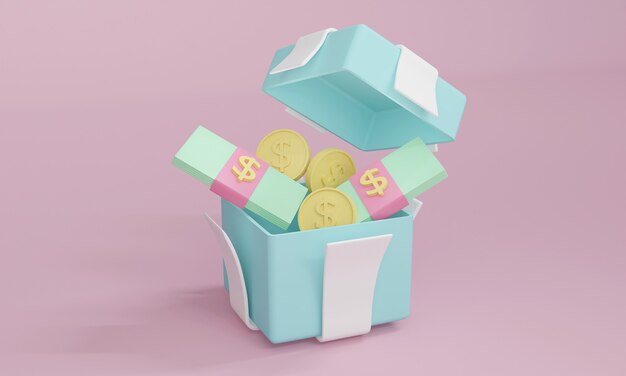 Coffret cadeau de rendu 3D ouvert avec billet d'argent et pièce de monnaie à l'intérieur sur un thème pastel. illustration de rendu 3D.