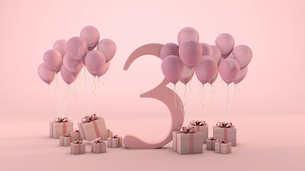 Coffret cadeau rose anniversaire numéro 3 et ballons roses. Rendu 3D