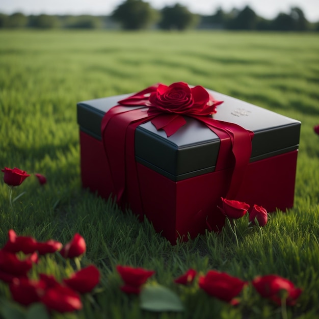 coffret cadeau avec des roses dans l'herbe Generative AI