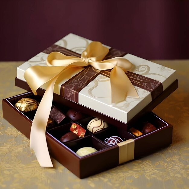 Photo coffret cadeau avec ruban de chocolat fait main bonbons de la saint-valentin amour romance généré par ai
