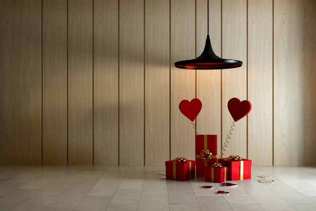 Photo coffret cadeau avec ruban piunk sur le mur en bois et fond de valentines légères