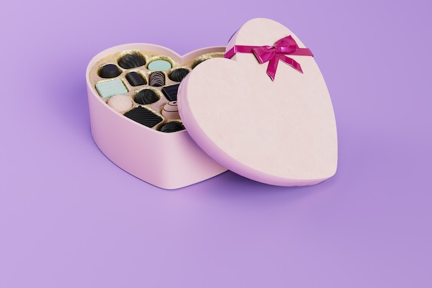 Coffret cadeau sous la forme d'un coeur avec des chocolats à l'intérieur sur un rendu 3D de fond violet