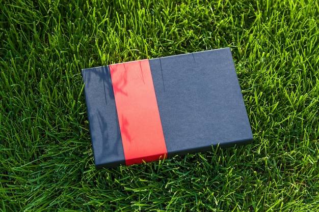 Coffret noir avec une bande rouge allongée sur l'herbe. Coffret cadeau sur l'herbe.