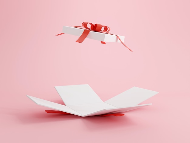 Coffret ouvert avec ruban rouge sur fond rose Illustrations 3D de concept de joyeux anniversaire