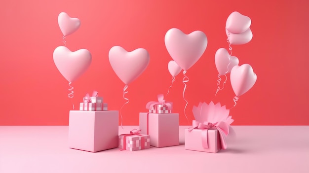 Coffret surprise avec ruban bleu et ballon sur fond rose Félicitation