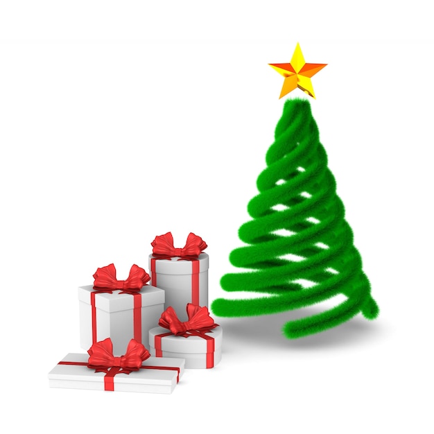 Coffrets cadeaux avec arc rouge et arbre de Noël. Rendu 3D isolé