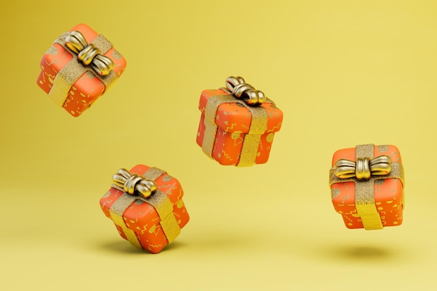 Coffrets cadeaux avec de beaux arcs volant sur un rendu 3D de fond jaune