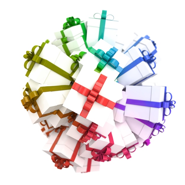 coffrets cadeaux blancs avec arcs multicolores formant une sphère sur fond neutre