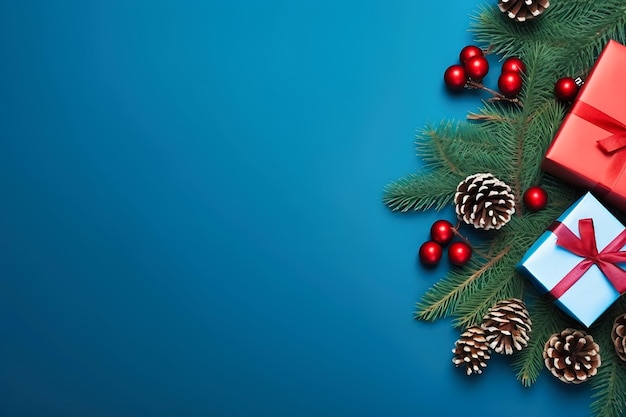 Coffrets cadeaux et décorations de Noël sur fond bleu clair Branches et cônes d'arbres de Noël Cadre festif pour une carte de vœux Espace pour copier