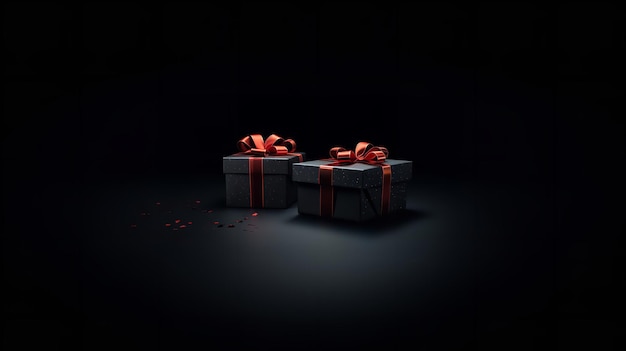Coffrets cadeaux en noir avec rubans Coffret cadeau en 3D réaliste isolé sur fond noir Ai générative
