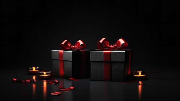 Coffrets cadeaux en noir avec rubans Coffret cadeau en 3D réaliste isolé sur fond noir Ai générative