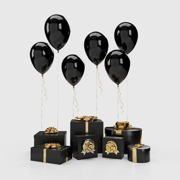 Coffrets-cadeaux noirs avec des ballons sur fond