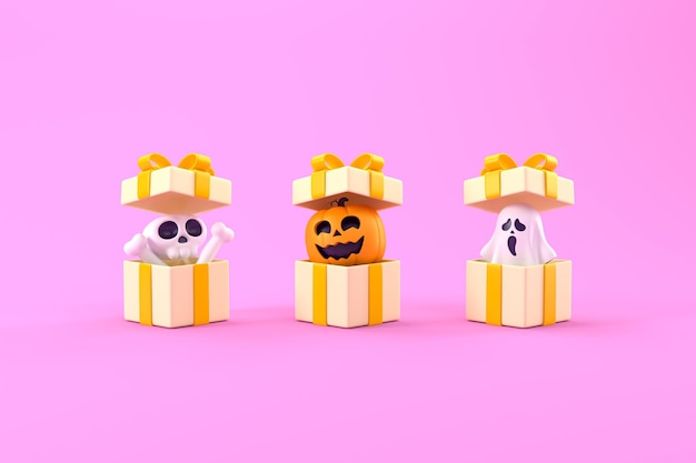 Coffrets cadeaux ouverts avec citrouilles d'Halloween crâne et os fantômes vacances traditionnelles d'octobre