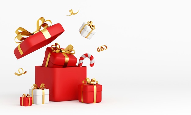 Coffrets cadeaux rouges 3d réalistes sur fond blanc
