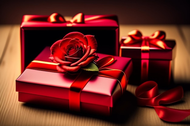 Coffrets cadeaux rouges avec une rose sur le dessus