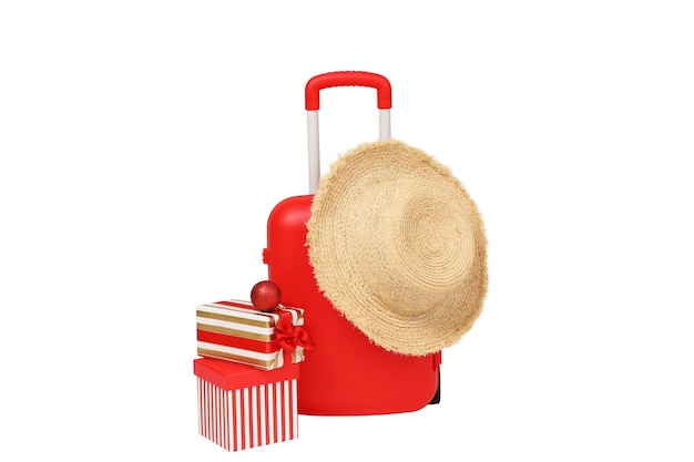 Coffrets cadeaux valise et chapeau de paille isolé sur fond blanc