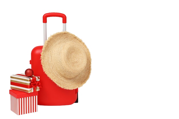 Coffrets cadeaux valise et chapeau de paille isolé sur fond blanc