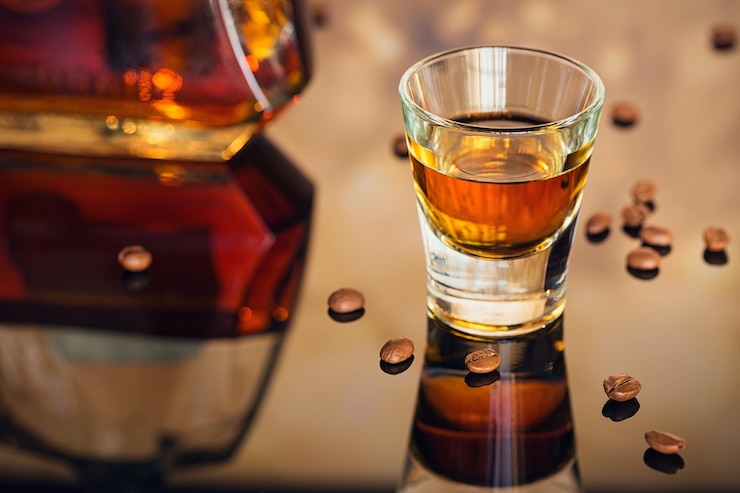 Photo cognac ou liqueur et grains de café sur une table de verre concept de vacances saisonnières