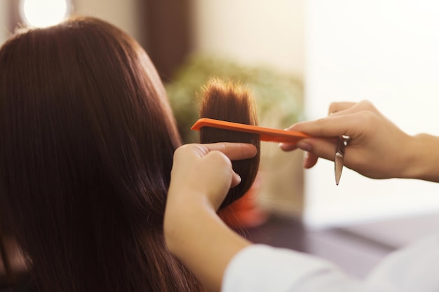 Coiffeur coupant les cheveux bruns avec des ciseaux dans un salon de beauté