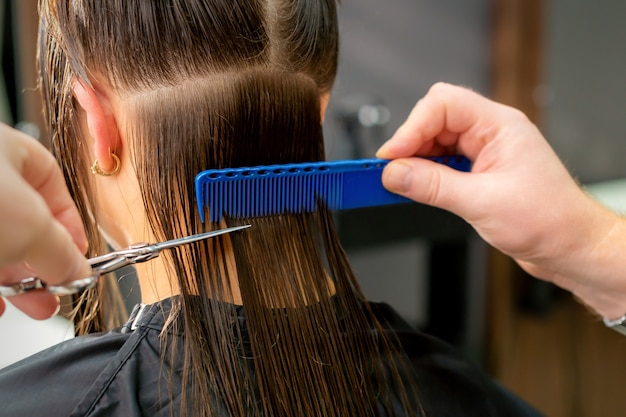 Coiffeur coupant les cheveux longs de la femme