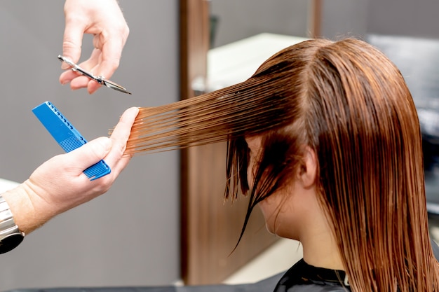 Le coiffeur coupe les cheveux de la femme.