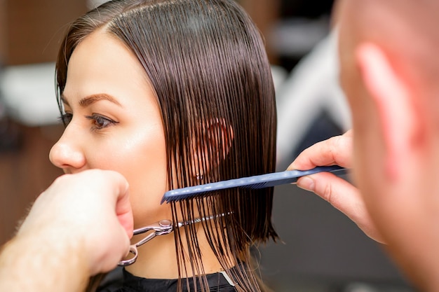 Le coiffeur coupe les cheveux mouillés d'une jeune femme de race blanche se peignant avec un peigne dans un salon de coiffure.