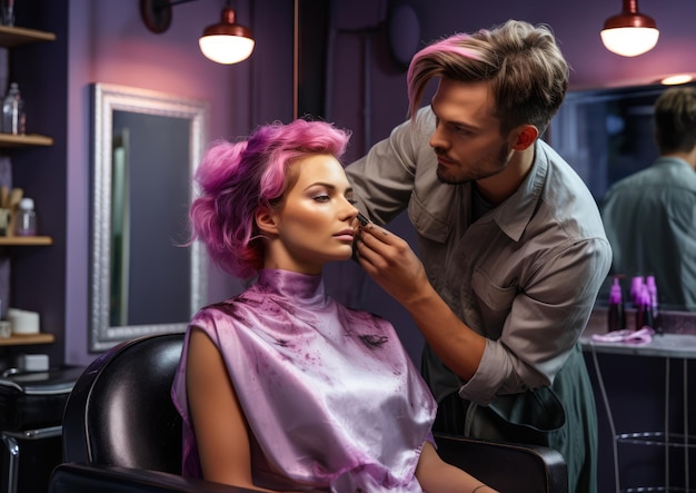 Un coiffeur dans un salon de beauté donnant un traitement de coloration capillaire