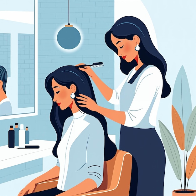 Coiffeur peignant les cheveux d'une femme dans un salon