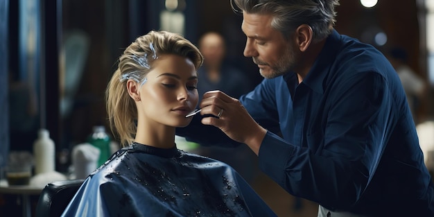 Coiffeur professionnel coupant les cheveux d'une femme dans un salon de beauté