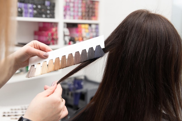 Le coiffeur sélectionne la couleur de la peinture à l'aide d'une palette de couleurs de cheveux