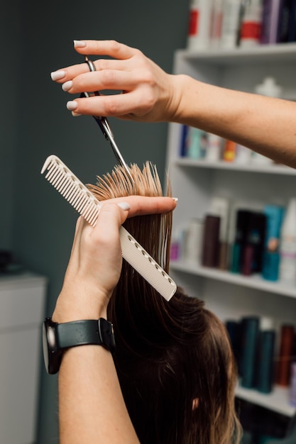 Le coiffeur a soulevé une mèche de cheveux et a coupé la longueur