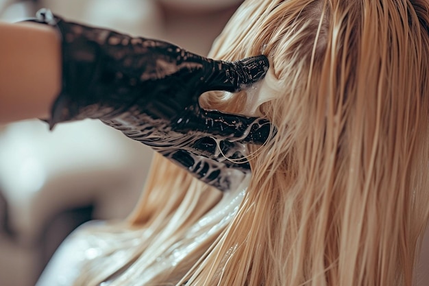 Le coiffeur teint les cheveux noirs en blonds dans un salon de coiffure.