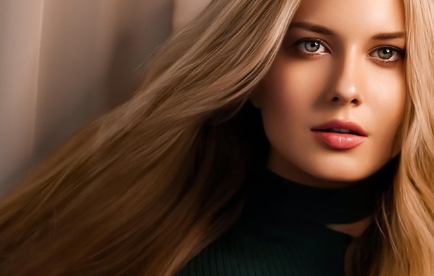 Coiffure beauté et soins des cheveux belle femme avec de longs cheveux sains modèle blond portant un portrait glamour de maquillage naturel pour salon de coiffure et soins capillaires