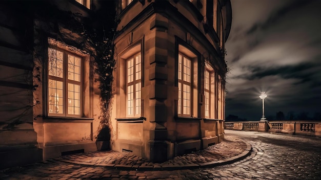 Un coin bien éclairé d'un bâtiment la nuit.