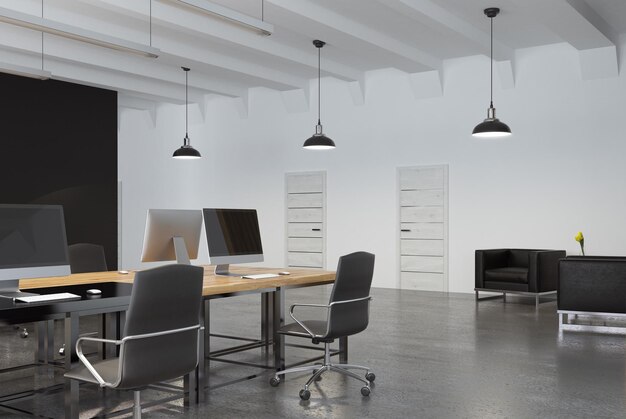 Coin d'un bureau à aire ouverte avec un mur noir, de nombreuses tables avec des ordinateurs dessus et un sol en béton. rendu 3d.