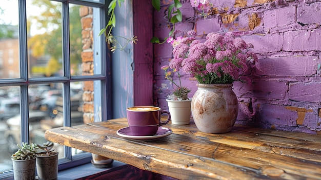 Un coin de café confortable avec une esthétique violette et des fleurs fraîches