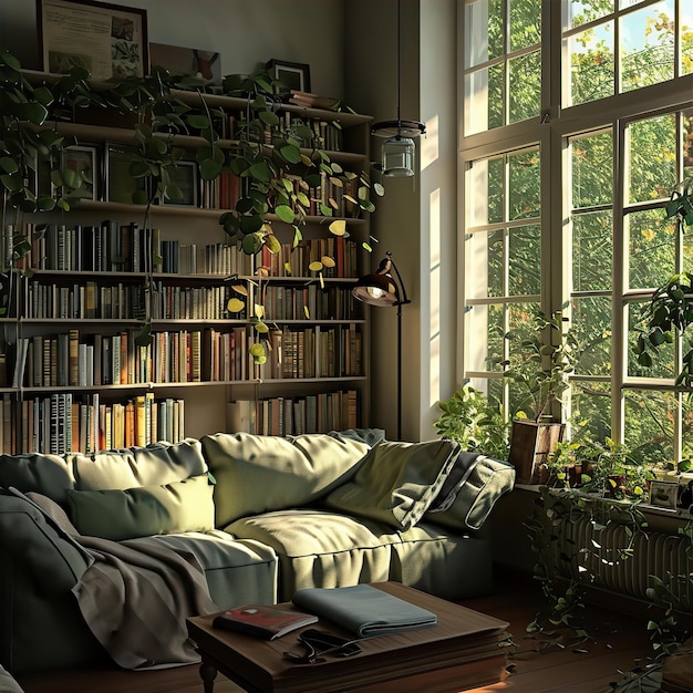 Un coin chaleureux éclairé par le soleil avec des livres un canapé confortable et de la verdure