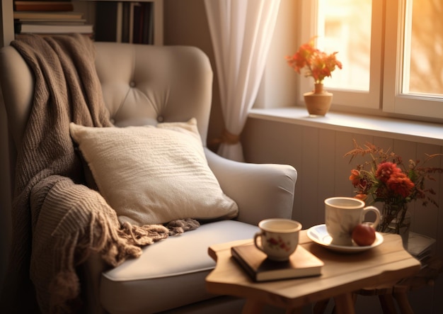 Un coin confortable d'une chambre à coucher avec un fauteuil en peluche baigné dans une lumière diffuse douce avec une pile